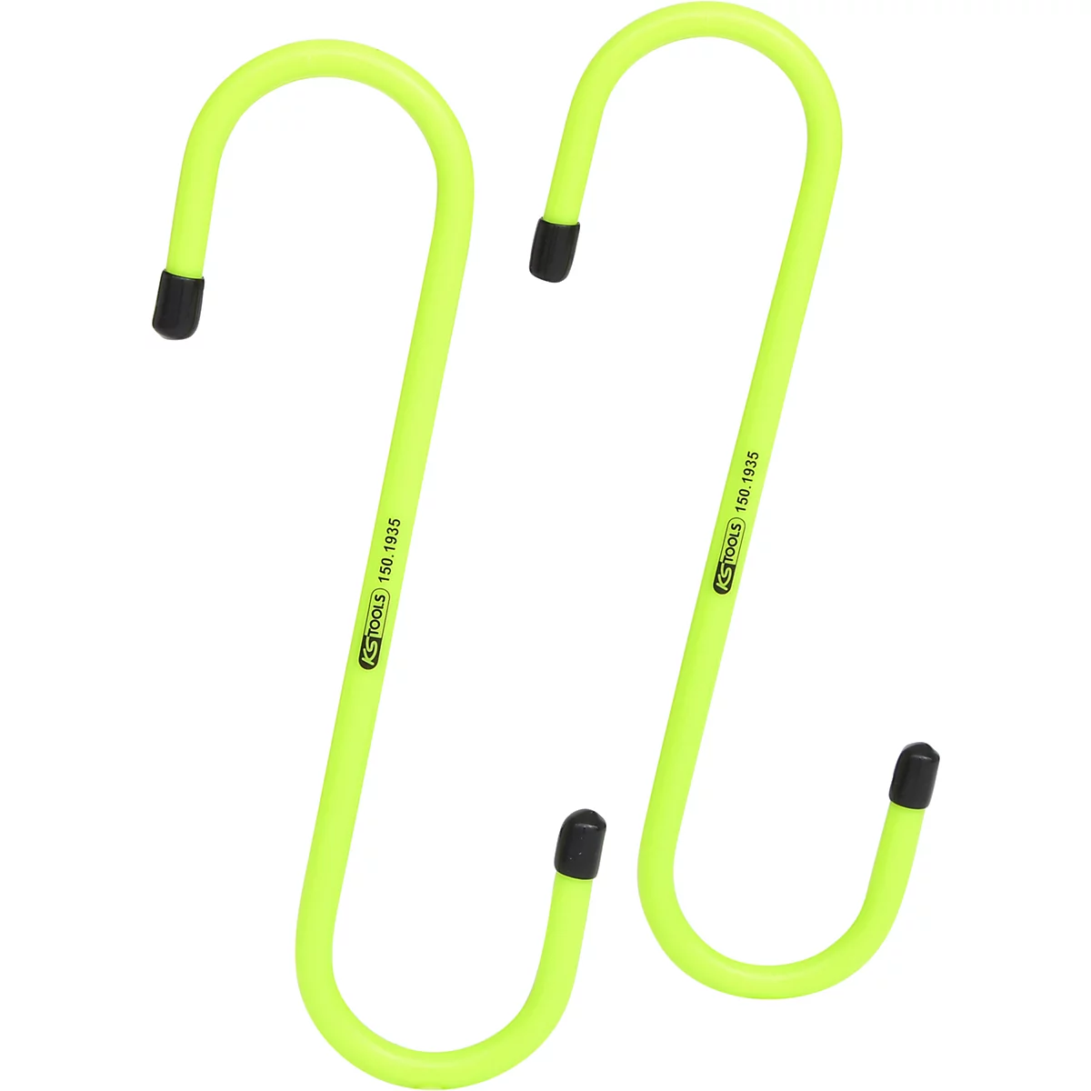 Zwei neongelbe Haken mit schwarzen Enden. Aufgedruckt: KS TOOLS 150.1935.